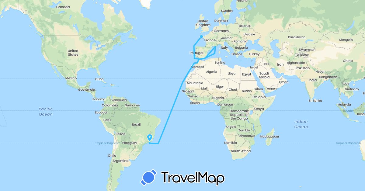 TravelMap itinerary: driving, boat in Brazil, France, Morocco (Africa, Europe, South America)