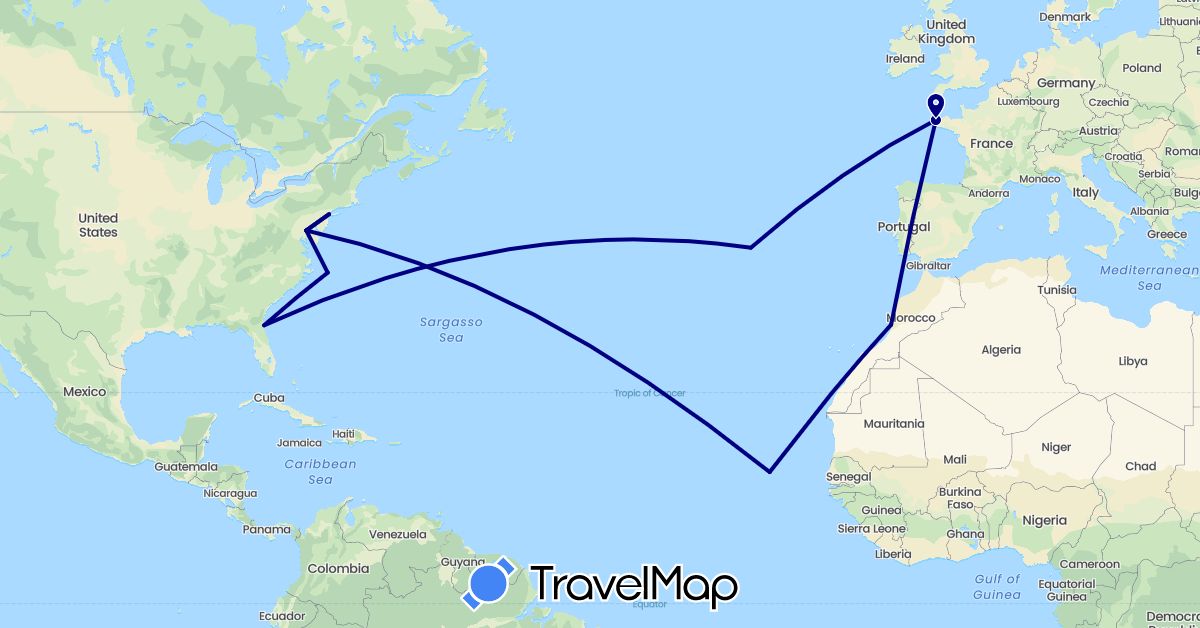 TravelMap itinerary: driving, boat in Cape Verde, France, Morocco, Portugal, United States (Africa, Europe, North America)
